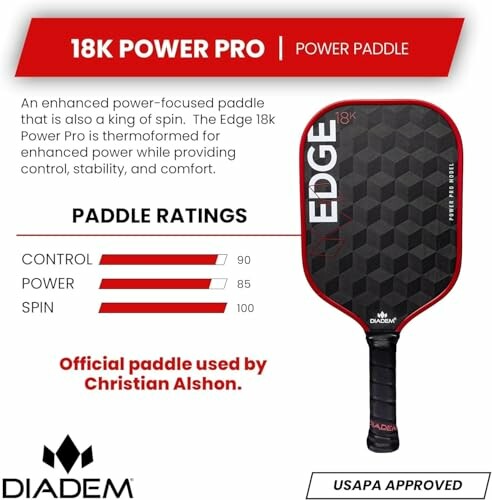 18K Power Pro paddle with ratings for control, power, and spin.