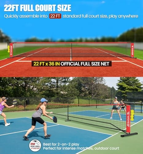 22ft full court pickleball net with players on a blue court.