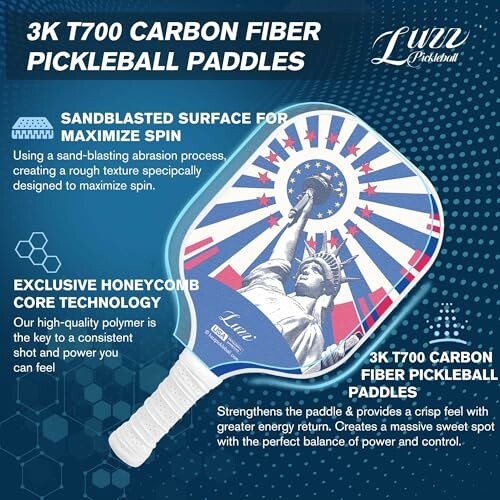 3K T700 carbon fiber pickleball paddle with sandblasted surface and honeycomb core technology.