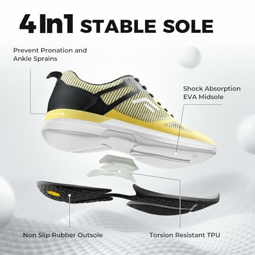 Diagram of a shoe with 4-in-1 stable sole features including shock absorption, non-slip outsole, and torsion resistance.