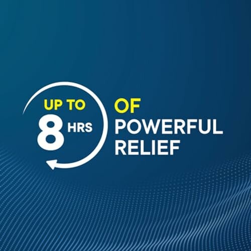 Text promoting up to 8 hours of powerful relief on a blue background.