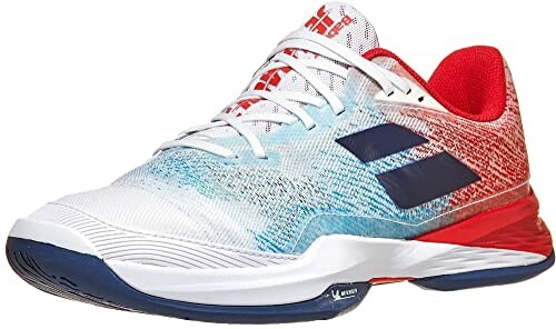 Adidas tennis shoe with red, white, and blue design