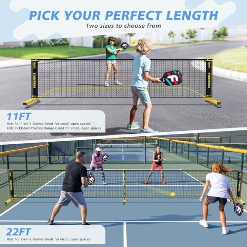 Two pickleball nets with players, showing different sizes: 11ft and 22ft.