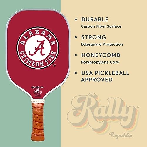 Alabama Crimson Tide pickleball paddle with features listed