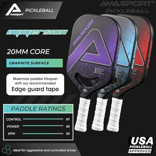 AmaSport pickleball paddles with graphite surface and paddle ratings.