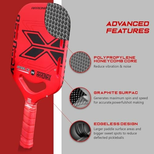 Red Aronax pickleball paddle with advanced features description.