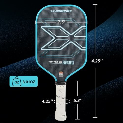 Arronax Vortex VE pickleball paddle with dimensions and weight