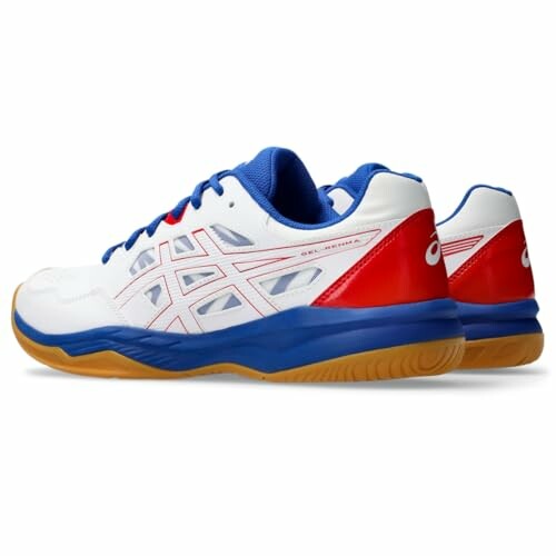 Asics Gel Rocket 10 shoes in white, blue, and red