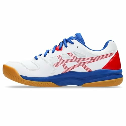 White, blue, and red athletic shoe with gum sole