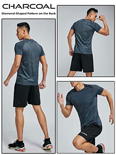 Man modeling charcoal athletic wear with diamond-shaped pattern.