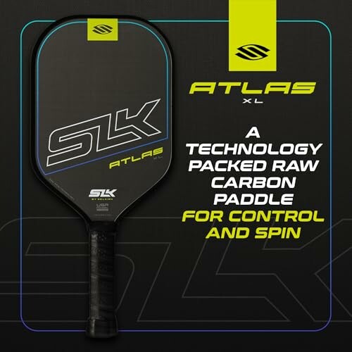 SLK Atlas XL pickleball paddle with technology-packed raw carbon for control and spin.