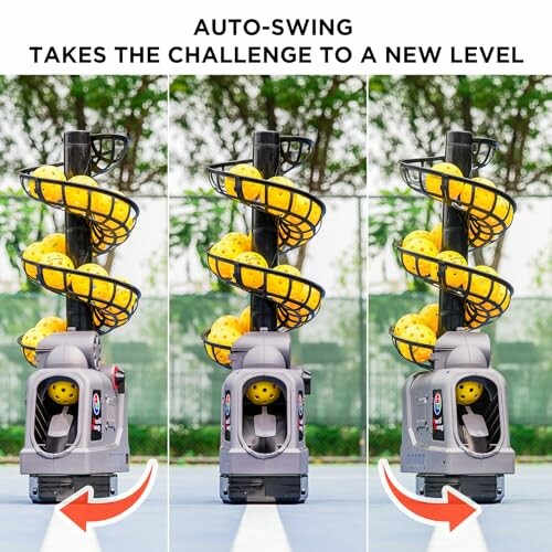 Pitching machine with auto-swing feature and yellow balls.