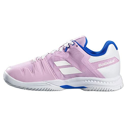 Pink and white Babolat tennis shoe with blue accents