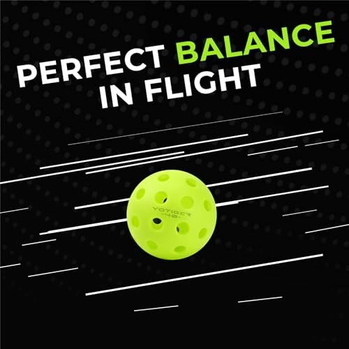 A neon green perforated ball with text 'Perfect Balance in Flight'.