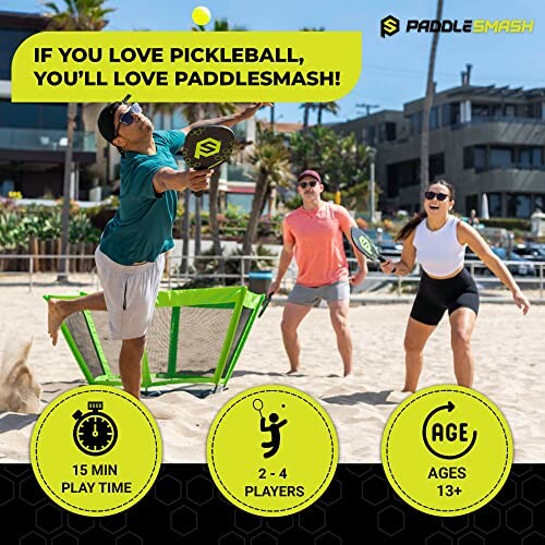 People playing a game similar to pickleball on the beach, promoting PaddleSmash.