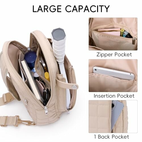 Beige backpack showing large capacity with zipper, insertion pocket, and back pocket.