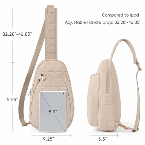 Beige quilted sling bag with adjustable strap and dimensions compared to an iPad.