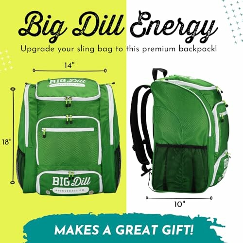 Green Big Dill Energy backpack with dimensions 18x14x10 inches.