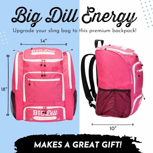 Big Dill Energy pink backpack with multiple pockets.