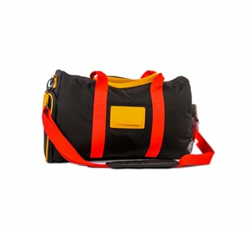 Black duffel bag with red straps