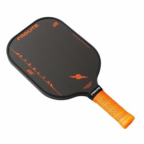 Black and orange pickleball paddle with textured grip.