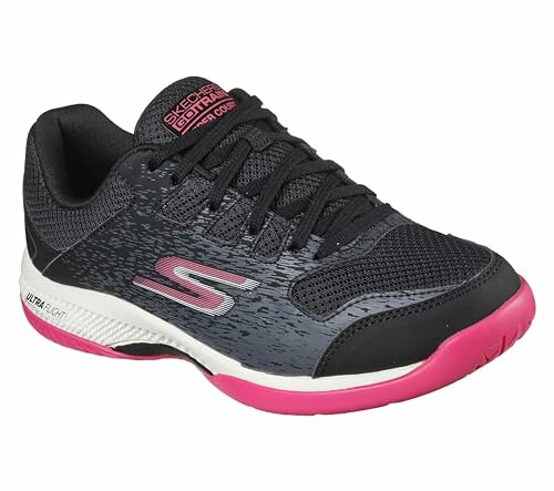 Black and pink Skechers sneaker with ultra-light design.