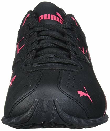 Front view of a black PUMA sneaker with pink logo accents, perfect for Pickleball enthusiasts