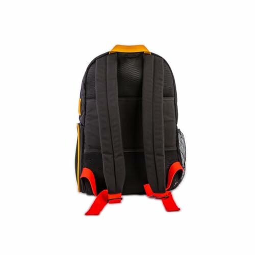 Back view of a black backpack with red straps and yellow accents