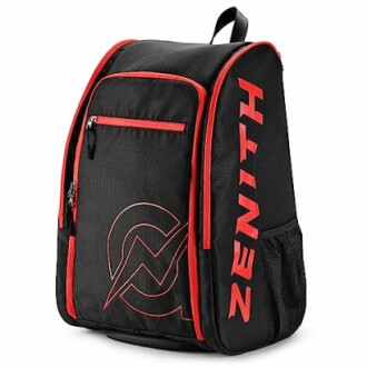 Black and red Zenith backpack with logo and side pocket