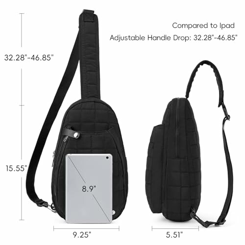 Black sling bag showing dimensions and adjustable handle drop.