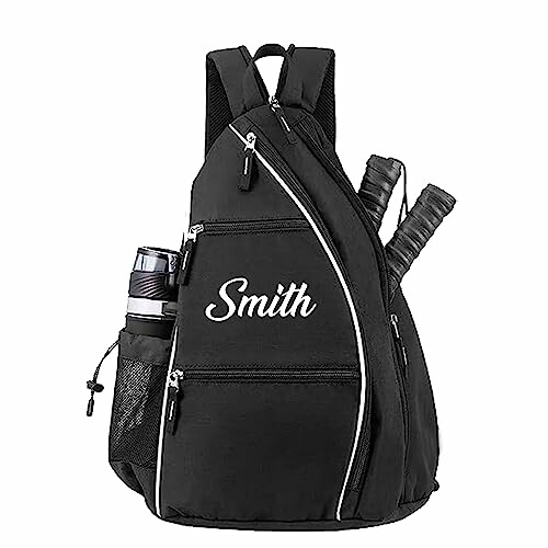 Black tennis backpack with side pockets and personalized name