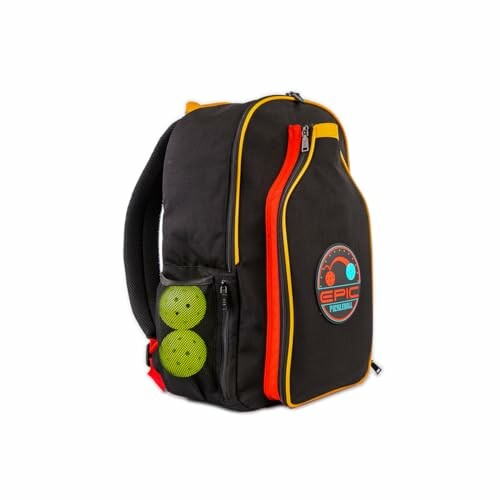 Black tennis backpack with colorful accents and side pockets.