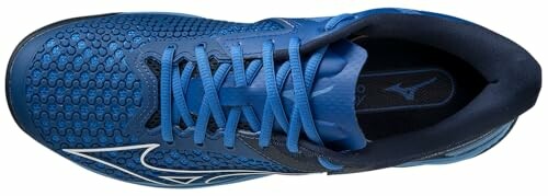 Top view of a blue athletic shoe with textured design and laces.