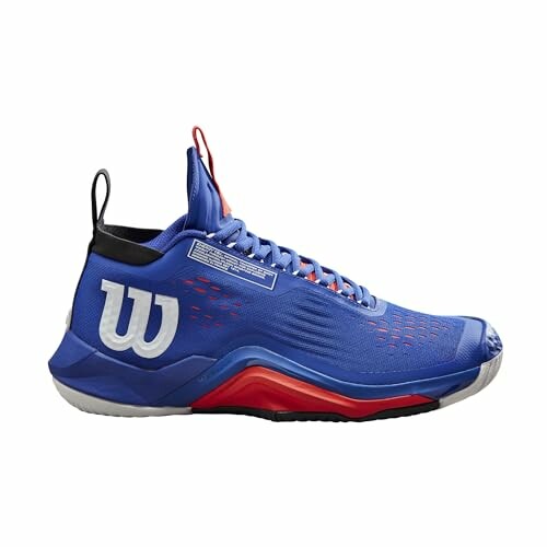 Blue athletic shoe with red and white accents