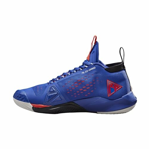 Blue basketball shoe with red accents and black sole