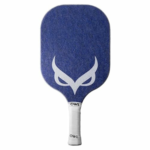 Blue pickleball paddle with owl logo