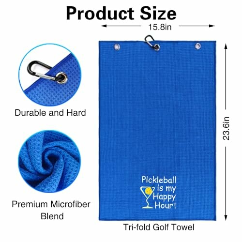 A blue pickleball-themed tri-fold golf towel with carabiner and microfiber material.