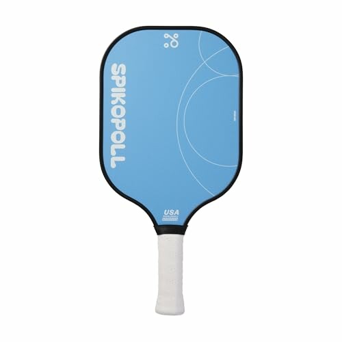 Blue pickleball paddle with white grip and Spikopoll branding for a stylish and functional design.