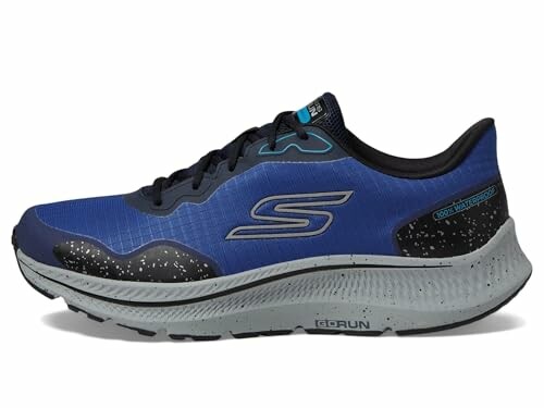 Blue Skechers running shoe with black and gray details