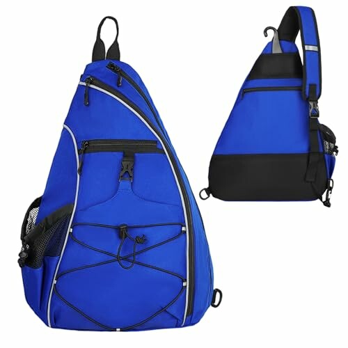 Blue sling backpack with multiple pockets and adjustable strap