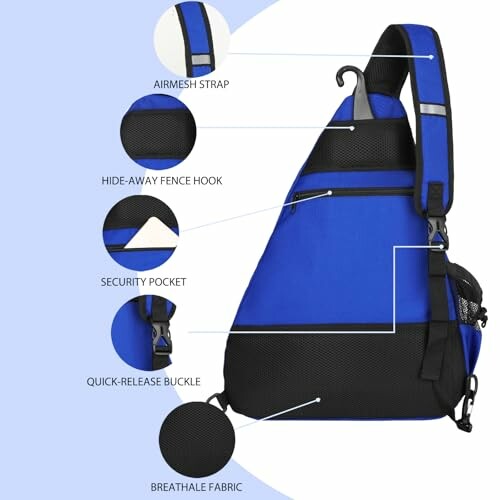 Blue sling backpack with features highlighted including airmesh strap, hide-away fence hook, security pocket, quick-release buckle, and breathable fabric.