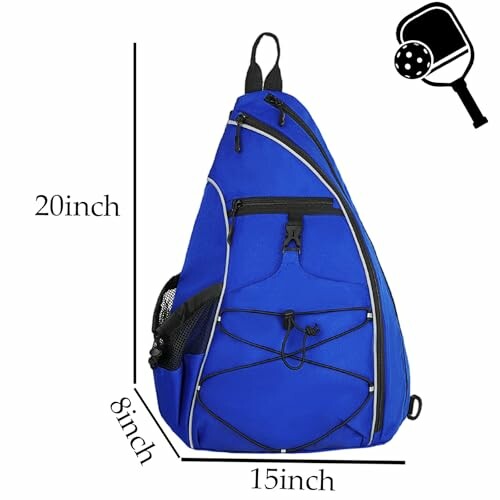 Blue sling backpack with dimensions labeled