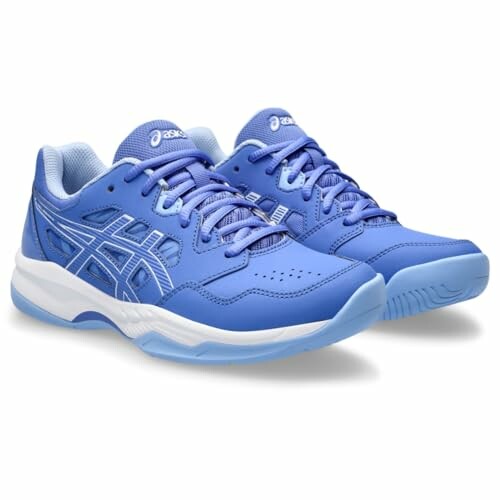 Pair of blue athletic shoes with white soles