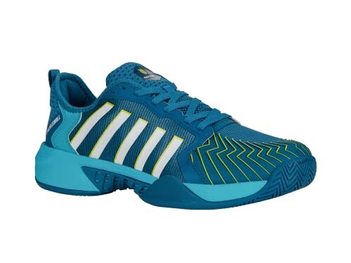 Blue sports shoe with yellow accents and stripes