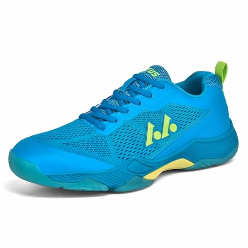 Blue sports shoe with yellow accents