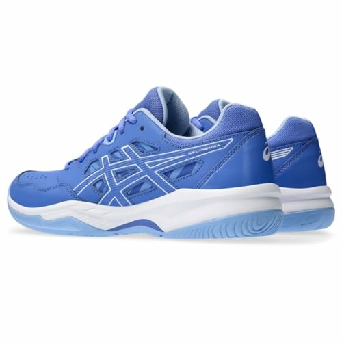 Blue athletic shoes with white soles