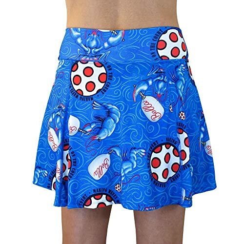 Blue sports skirt with playful patterns and logos