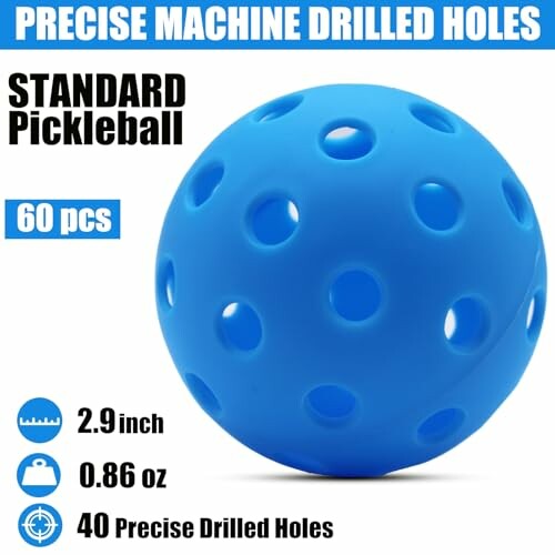 Blue pickleball with precise drilled holes, 2.9 inch diameter, 0.86 oz weight.