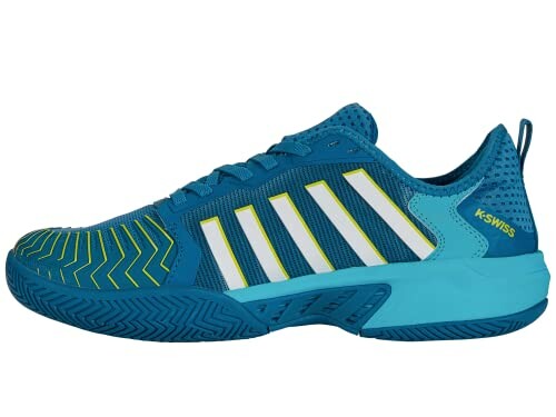 Blue and teal tennis shoe with white stripes, side view.