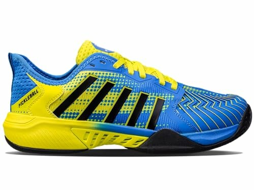 Blue and yellow pickleball shoe with black stripes.